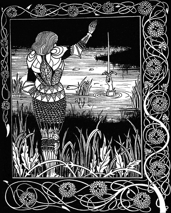 Arthur bekommt Excalibur. Illustration für das Buch "Le Morte Darthur" von Sir Thomas Malory von Aubrey Vincent Beardsley