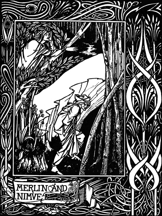 Merlin und Nimue. Illustration für das Buch "Le Morte Darthur" von Sir Thomas Malory von Aubrey Vincent Beardsley