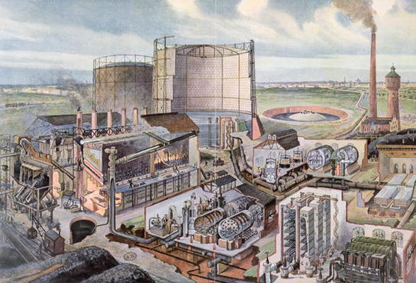 Cross section of a gas factory (colour engraving) von August Dressel