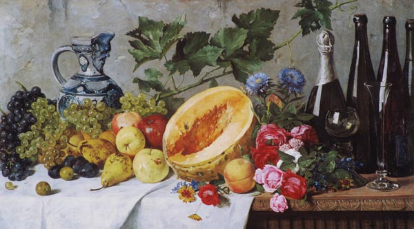 Früchtestillleben mit Trauben, Birnen, Äpfeln und Melone, sowie Weinflaschen von August Jernberg