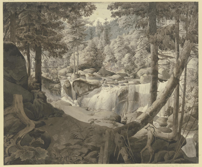 Waldlandschaft mit Wasserfall, im Hintergrund Pilger, über eine Brücke gehend von August Lucas