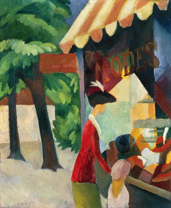 Vor dem Hutladen (Frau mit roter Jacke und Kind) von August Macke