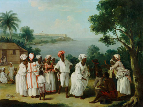 Tanz der Eingeborenen auf der Insel Dominica, im Hintergrund das Fort Young von Augustin Brunais