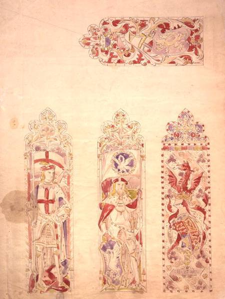 Stained glass window design for the Palace of Westminster (pen & ink and w/c on paper) von Augustus Welby Northmore Pugin