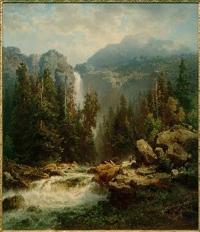 Norwegische Landschaft mit Wasserfall 1849