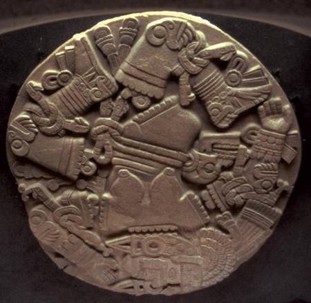 Carving of the dismemberment of the moon goddess Coyolxauhqui, found at the foot of the twin pyramid von Aztec