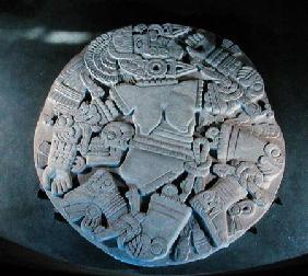 Carving of the dismemberment of the moon goddess Coyolxauhqui, found at the foot of the twin pyramid Late Post