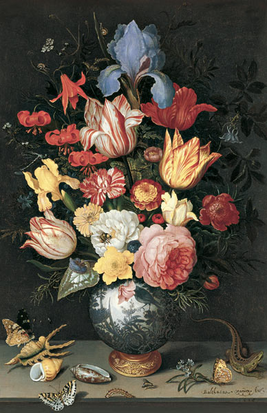 Chinesische Vase mit Blumen, Muscheln und Insekten von Balthasar van der Ast