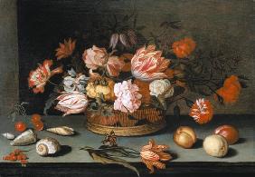 Stillleben mit Blumen, Früchten, Muscheln und Schmetterling