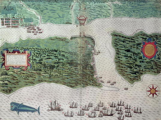 Map depicting the destruction of the Spanish colony of St. Augustine in Florida on 7th July 1586 by von Baptista Boazio