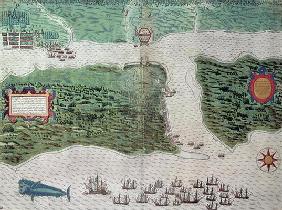 Map depicting the destruction of the Spanish colony of St. Augustine in Florida on 7th July 1586 by 19th