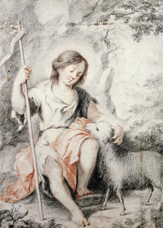 The Young John the Baptist with the Lamb in a Rocky Landscape (red and black chalk on paper) von Bartolomé Esteban Perez Murillo