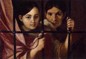 Zwei Frauen hinter einem Gitter 1645