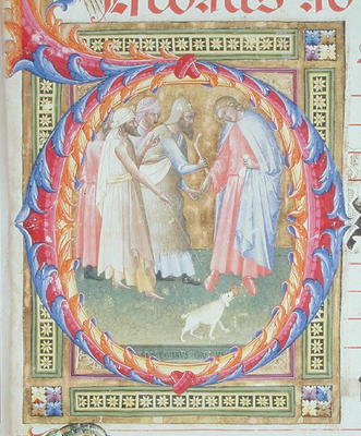 Ms 518 f.1r Historiated initial 'O' depicting Tobias and the Angel (vellum) von Bartolomeo di Frusino