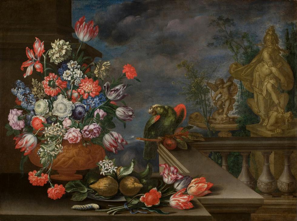 Stillleben mit Blumenvase, Zitrusfrüchten, Papagei und Brunnenskulptur von Bartolomeo Ligozzi