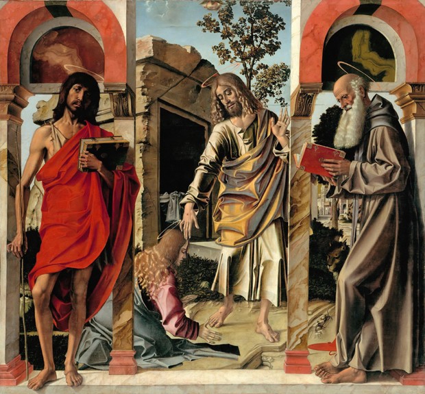 Der auferstandene Christus mit Maria Magdalena und den Heiligen Johannes dem Täufer und Hieronymus von Bartolomeo Montagna