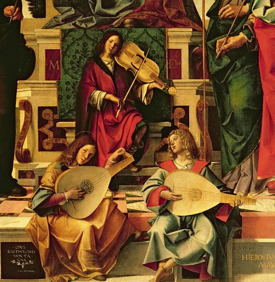 Detail of angel musicians from a painting of the Virgin and Child on a throne between St Andrew, St  von Bartolomeo Montagna