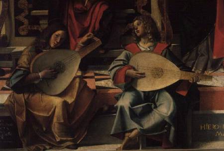 Two Musical Angels, detail from The Madonna and Child with Saints, 1499 von Bartolomeo Montagna