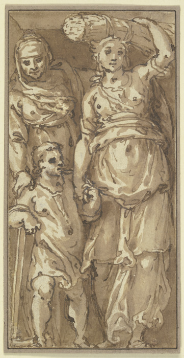 Eine alte und eine junge Frau, ein Getreidegarbe auf den Kopf tragend, mit einem Kind, das sich auf  von Bartolomeo Passarotti