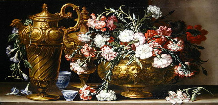 Still Life with Pinks in a case and a Florentine ewer on a ledge (oil on canvas) von Bartolommeo Bimbi