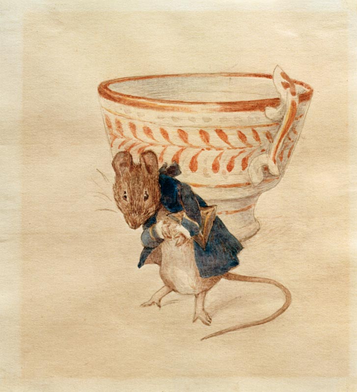 Herr Maus verneigt sich vor einer Teetasse von Beatrix Potter
