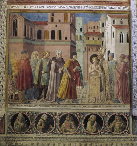 Der Heilige Franz von Assisi sagt sich von seinem Vater los und begibt sich in den Schutz des Bischo von Benozzo Gozzoli
