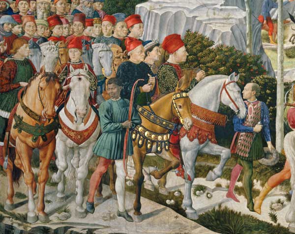 Galeazzo Maria Sforza, Duke of Milan (1444-76), extreme left, on a brown horse and Sigismondo Pandol von Benozzo Gozzoli