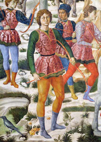 Liveried archers, detail from the Journey of the Magi cycle in the chapel c.1460