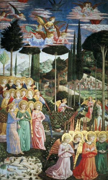 Angels in a heavenly landscape, the left hand wall of the apse from the Journey of the Magi cycle in von Benozzo Gozzoli