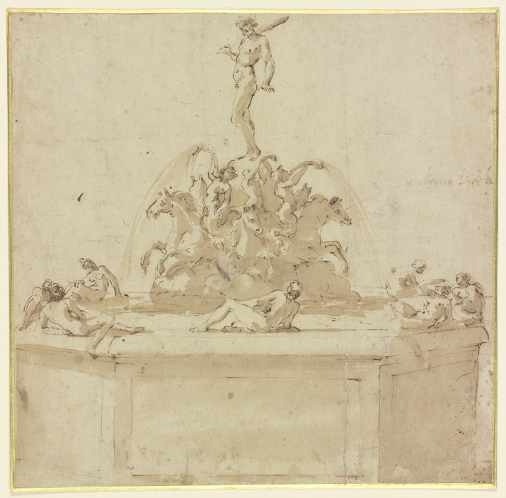 Ein Brunnen, über einer Gruppe von auf Pferden reitenden Tritonen steht Herkules, auf dem Brunnenran von Benvenuto Cellini