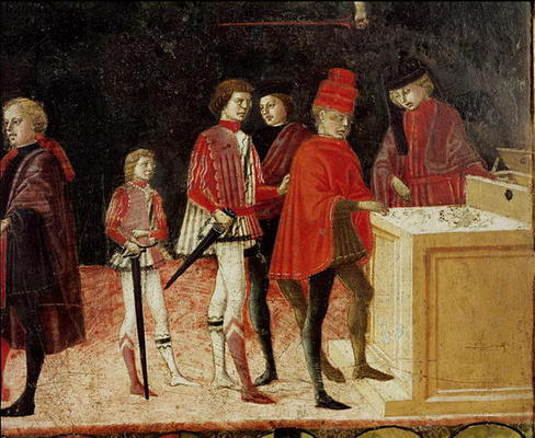 The Council Finances in Times of War and of Peace, detail of mercenary soldiers receiving their pay von Benvenuto  di Giovanni
