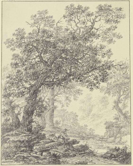 Zwei Wanderer, unter Eichenbäumen rastend von Bernard Gottfried Manskirsch