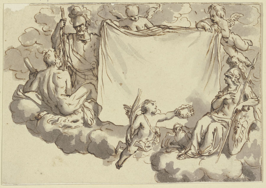 Amoretten halten ein Tuch, rechts Minerva, links Herkules und Mars von Bernard Picart