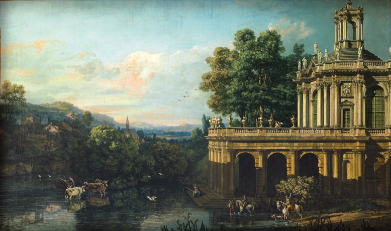 Capriccio mit einem Palast von Bernardo Bellotto