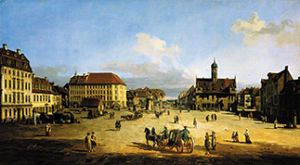 Der Marktplatz in der Neustadt von Dresden von Bernardo Bellotto