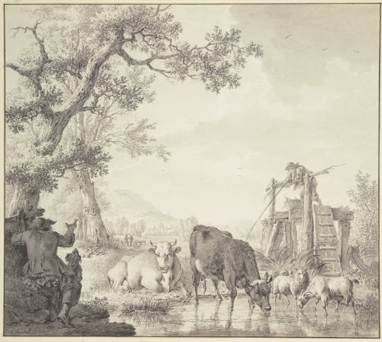 Bei einem Wasser zwei Kühe, zwei Pferde und eine Ziege, links der Hirte mit dem Hunde von Bernhard Heinrich Thier