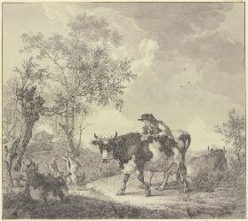 Ein Bauer bei seiner Kuh stehend verfolgt den Kampf zweier Ziegenböcke