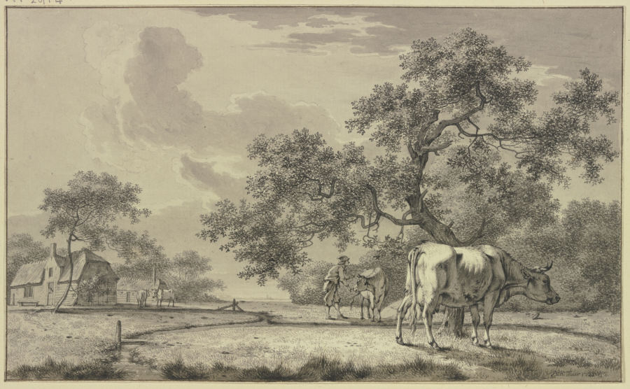 Unter einem Baum ein Bauer bei zwei Kühen von Bernhard Heinrich Thier