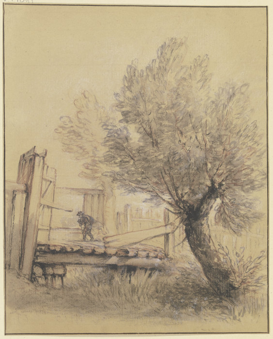 Weidenbaum bei einer Holzbrücke, über die ein Mann schreitet von Bernhard Rode