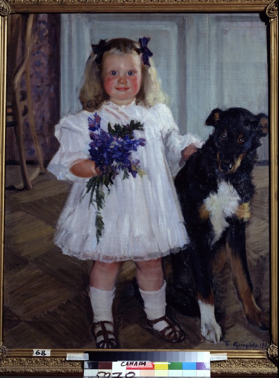 Bildnis der Tochter Irina mit dem Hund Schumka von Boris Michailowitsch Kustodiev
