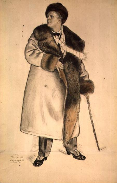 Portrait of the Opera Singer Feodor Ivanovich Chaliapin (1873-1938) 1920-21 (charcoal & w/c on paper von Boris Michailowitsch Kustodiev