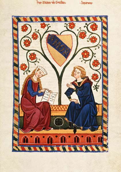 Alram von Gresten mit seiner Dame auf einer Bank von Buchmalerei