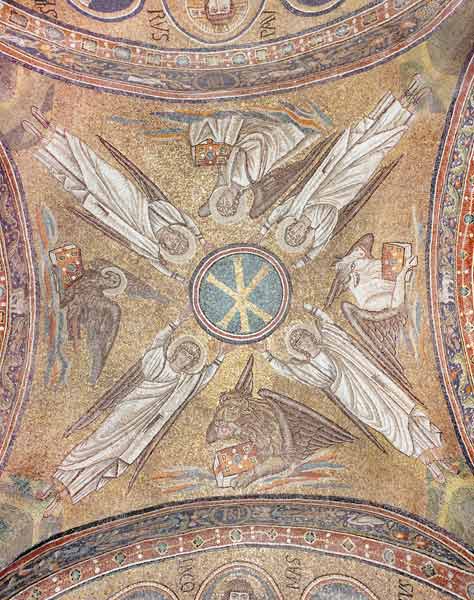 Four angels with the symbols of the evangelists surrounding the chi-rho monogram of Christ, from the von Byzantine School