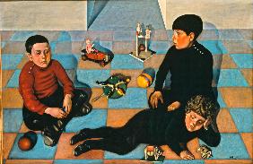 Three children with toys on a chequered floor