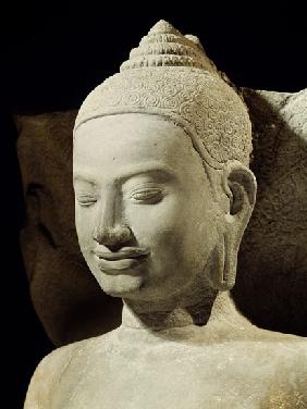 Buddha in Meditation on the Naga King, Mucilinda, detail of Buddha's head, from Preah Khan, Bayon st 12th-13th