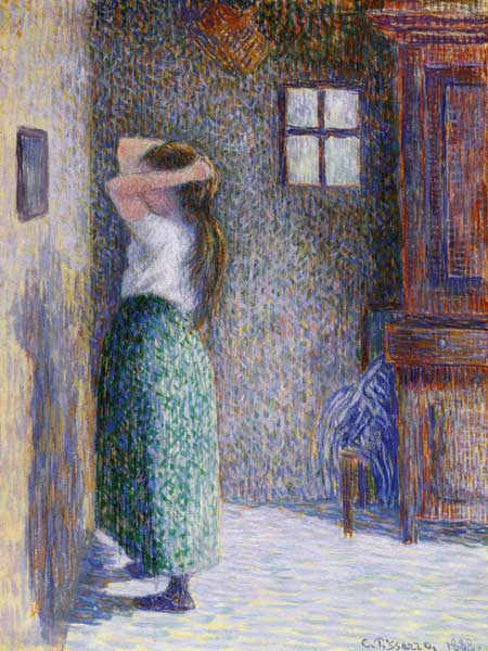 Frau vor einem Spiegel von Camille Pissarro