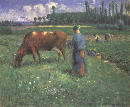 Mädchen mit Kuh auf einer Weide von Camille Pissarro