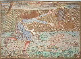 Girls Playing Tennis, from 'Woodcuts in Line and Colours' published