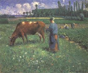 Mädchen mit Kuh auf einer Weide 1874