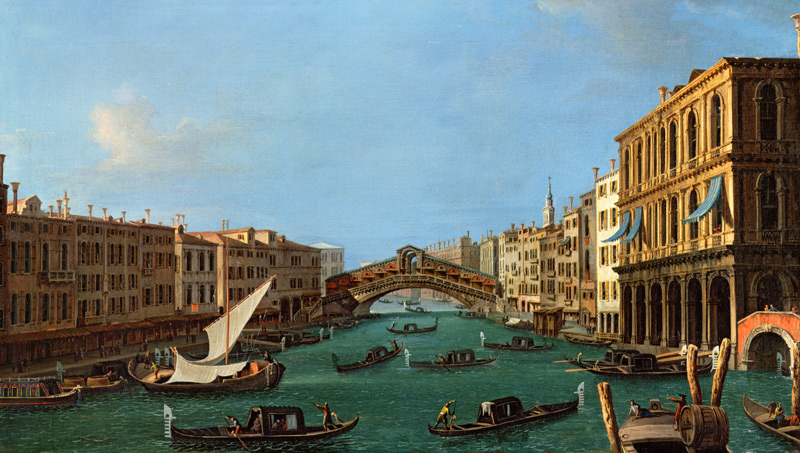 View of the Grand Canal from the South, the Palazzo Foscari to the right and the Rialto Bridge beyon von Giovanni Antonio Canal (Canaletto)